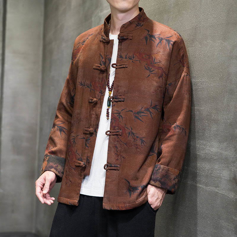 Buddha Stones -Guzik Chiński Tang Suit Długa Koszula Bawełniana Męska Kurtka Odzież - Ciemna Nawłoć - US/UK/AU46， EU56 (5XL) - image 10
