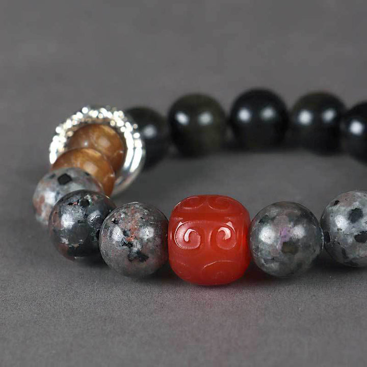 Bransoletka ochronna Buddha Stones Gold Sheen z obsydianu i lawy wulkanicznej z czerwonego agatu