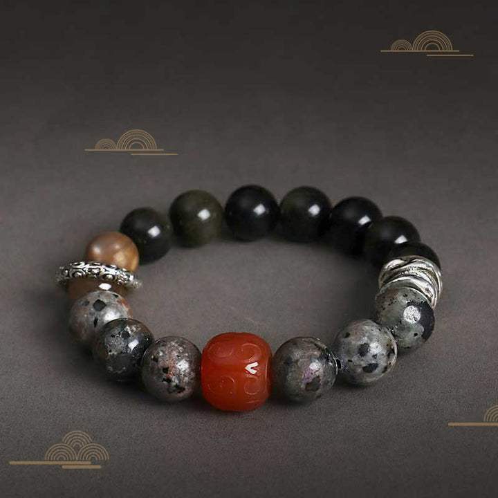 Bransoletka ochronna Buddha Stones Gold Sheen z obsydianu i lawy wulkanicznej z czerwonego agatu