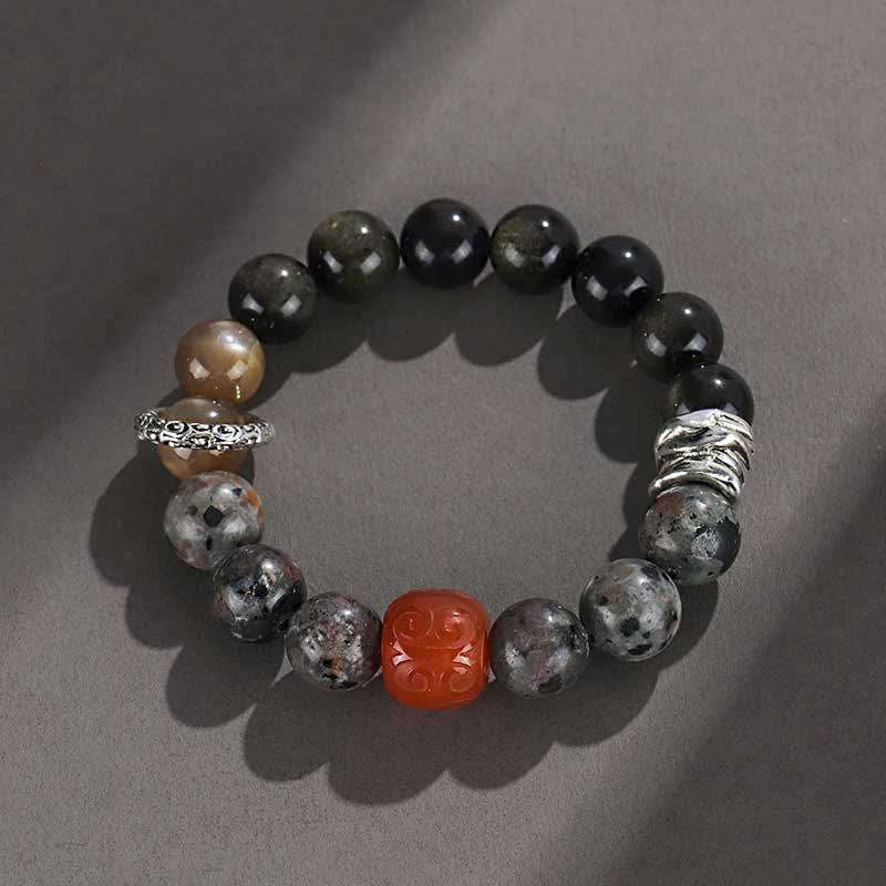 Bransoletka ochronna Buddha Stones Gold Sheen z obsydianu i lawy wulkanicznej z czerwonego agatu