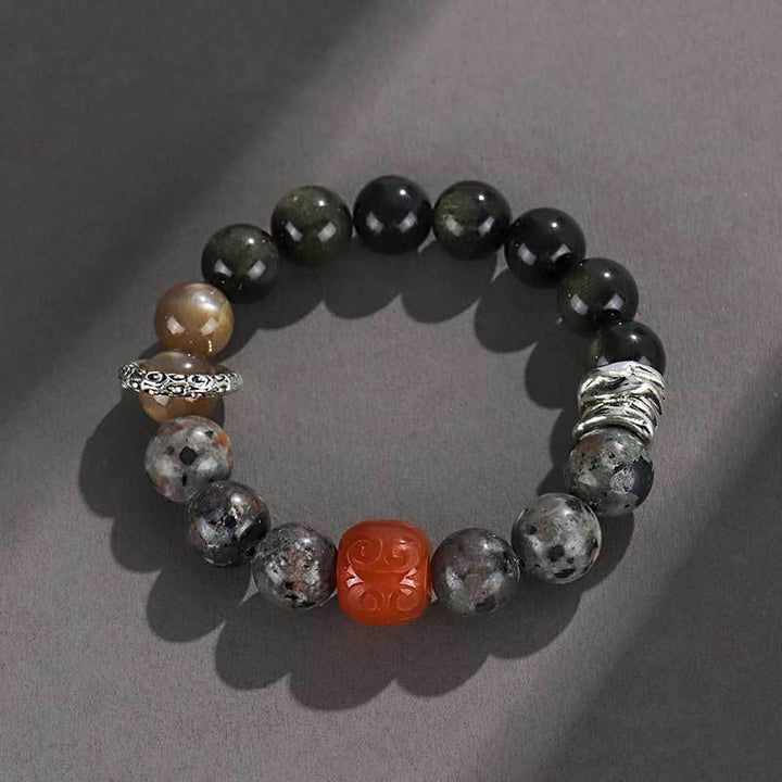 Bransoletka ochronna Buddha Stones Gold Sheen z obsydianu i lawy wulkanicznej z czerwonego agatu