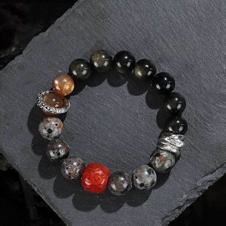 Bransoletka ochronna Buddha Stones Gold Sheen z obsydianu i lawy wulkanicznej z czerwonego agatu