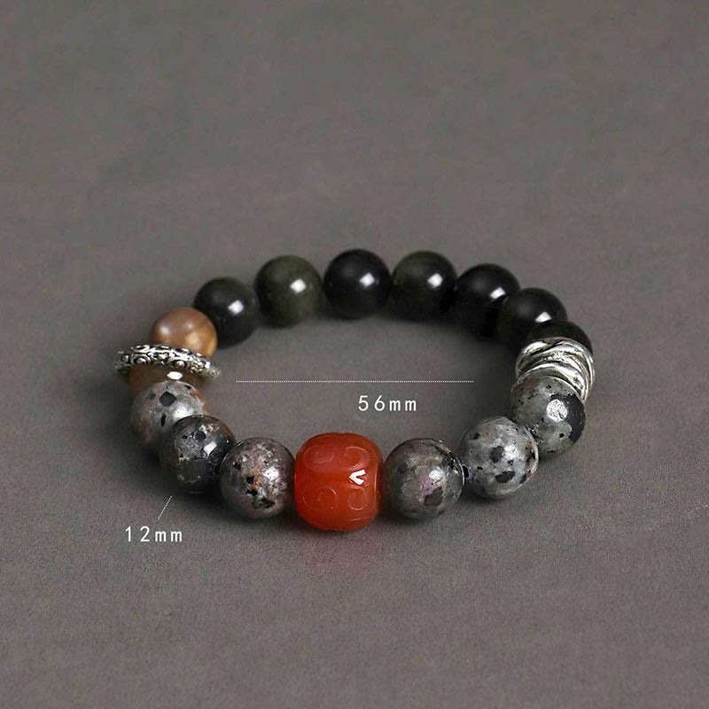 Bransoletka ochronna Buddha Stones Gold Sheen z obsydianu i lawy wulkanicznej z czerwonego agatu