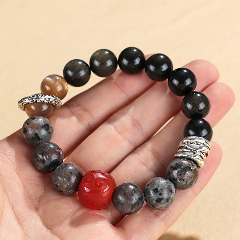 Bransoletka ochronna Buddha Stones Gold Sheen z obsydianu i lawy wulkanicznej z czerwonego agatu