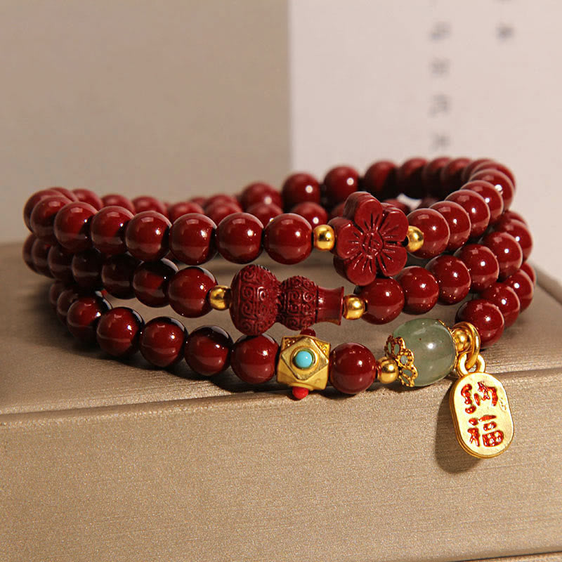 Buddha Stones Cinnabar Fu Charakter Kwiat Gourd Potrójnie Owijana Bransoletka Błogosławieństwa