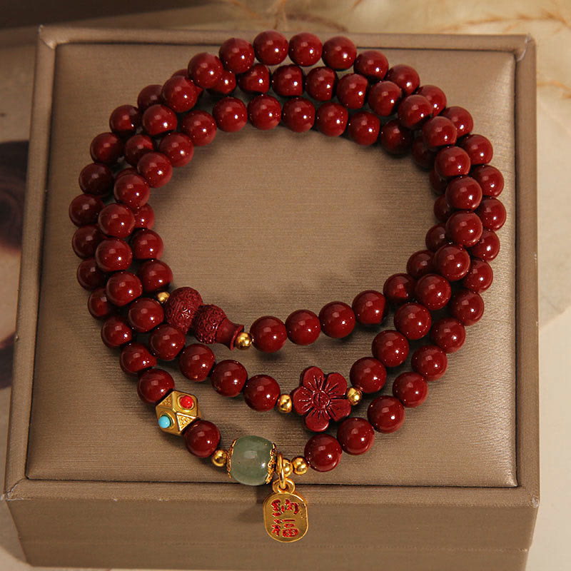 Buddha Stones Cinnabar Fu Charakter Kwiat Gourd Potrójnie Owijana Bransoletka Błogosławieństwa