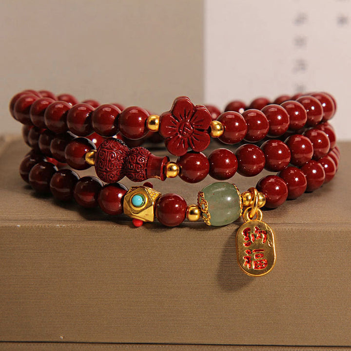 Buddha Stones Cinnabar Fu Charakter Kwiat Gourd Potrójnie Owijana Bransoletka Błogosławieństwa