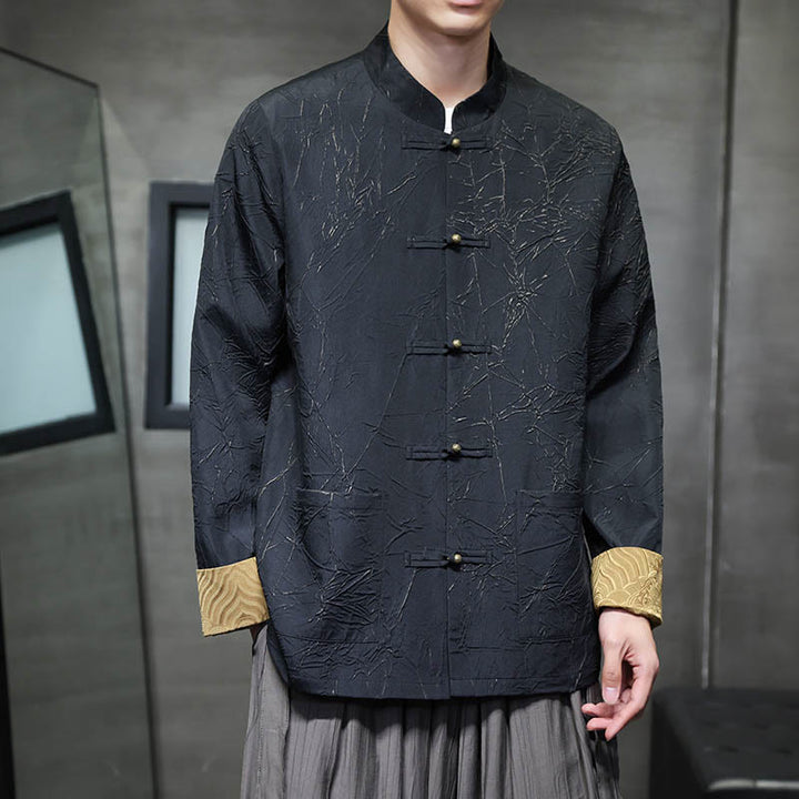 Buddha Stones Tang Suit Casual Żabka-guzik Długi rękaw Nylonowa męska kurtka Koszula Odzież - Czarny - US/UK/AU46， EU56 (5XL) - image 0