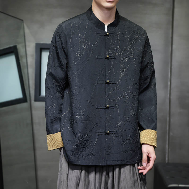 Buddha Stones Tang Suit Casual Żabka-guzik Długi rękaw Nylonowa męska kurtka Koszula Odzież - Czarny - US/UK/AU46， EU56 (5XL) - image 1