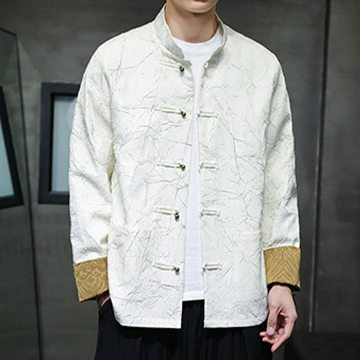 Buddha Stones Tang Suit Casual Żabka-guzik Długi rękaw Nylonowa męska kurtka Koszula Odzież - Biały - US/UK/AU46， EU56 (5XL) - image 9
