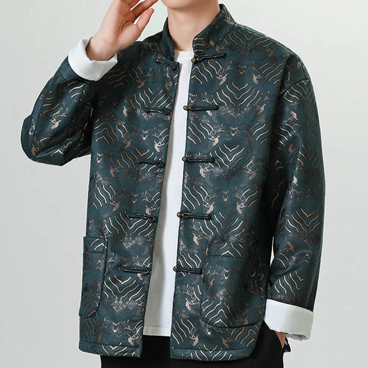 Buddha Stones -Guzik Chiński Tang Suit Fala Kształt Długa Koszula Męska Kurtka Odzież - Cyraneczka - US/UK/AU46， EU56 (5XL) - image 12