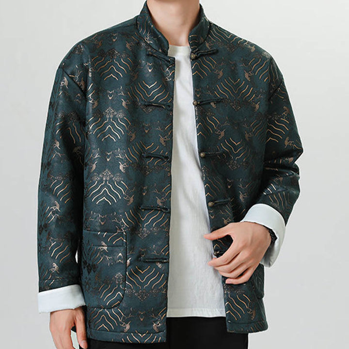 Buddha Stones -Guzik Chiński Tang Suit Fala Kształt Długa Koszula Męska Kurtka Odzież - image 14