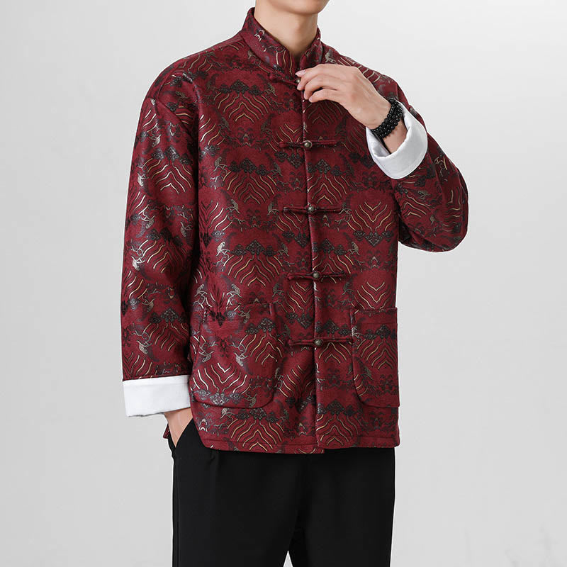 Buddha Stones -Guzik Chiński Tang Suit Fala Kształt Długa Koszula Męska Kurtka Odzież - Ciemnoczerwony - US/UK/AU46， EU56 (5XL) - image 7