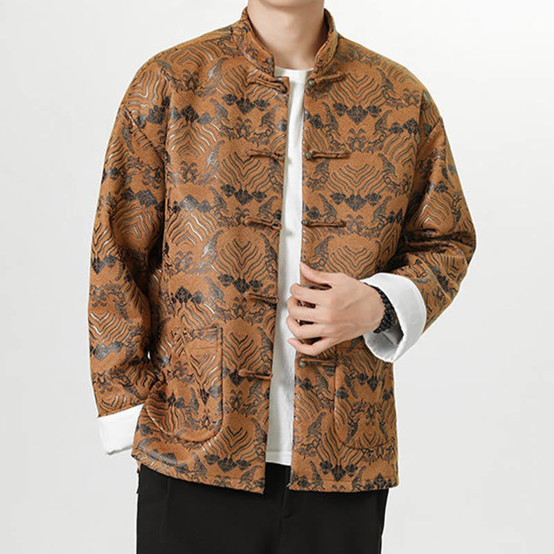 Buddha Stones -Guzik Chiński Tang Suit Fala Kształt Długa Koszula Męska Kurtka Odzież - Peru - US/UK/AU46， EU56 (5XL) - image 19