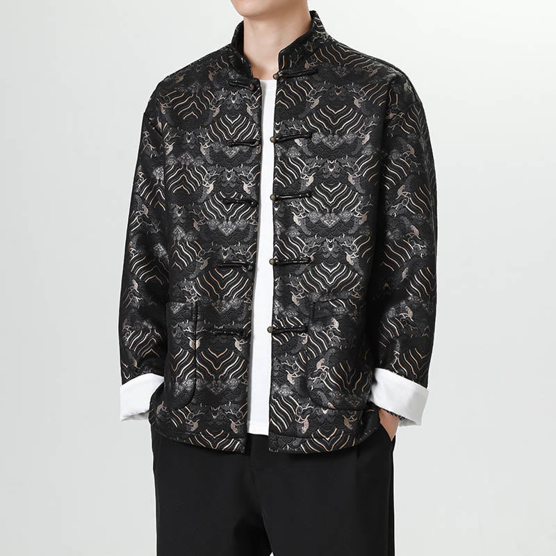 Buddha Stones -Guzik Chiński Tang Suit Fala Kształt Długa Koszula Męska Kurtka Odzież - Czarny - US/UK/AU46， EU56 (5XL) - image 0