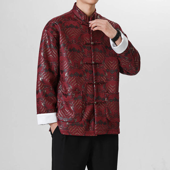 Buddha Stones -Guzik Chiński Tang Suit Fala Kształt Długa Koszula Męska Kurtka Odzież - Ciemnoczerwony - US/UK/AU46， EU56 (5XL) - image 6
