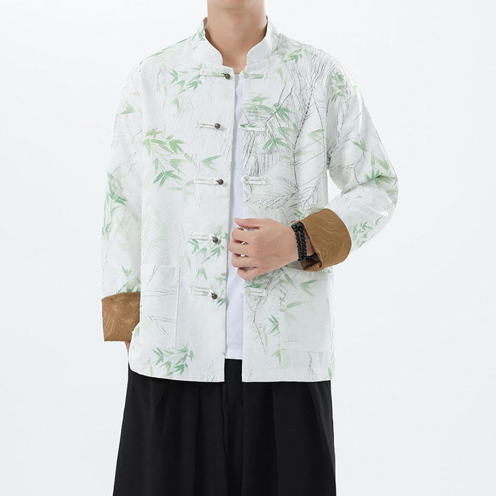 Buddha Stones Nadruk Bambus Casual Żaba-guzik Spandex Męska Kurtka Koszula Odzież - image 23