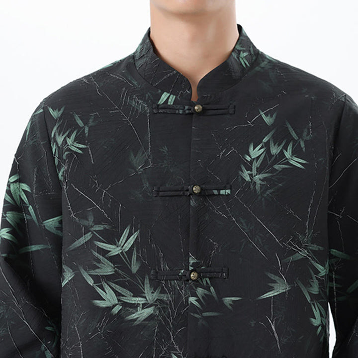 Buddha Stones Nadruk Bambus Casual Żaba-guzik Spandex Męska Kurtka Koszula Odzież - image 10