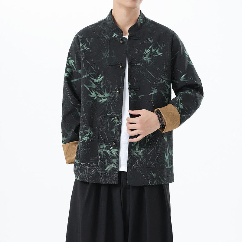 Buddha Stones Nadruk Bambus Casual Żaba-guzik Spandex Męska Kurtka Koszula Odzież - image 2
