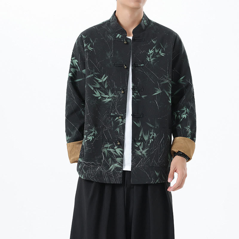 Buddha Stones Nadruk Bambus Casual Żaba-guzik Spandex Męska Kurtka Koszula Odzież - Czarny - US/UK/AU46， EU56 (5XL) - image 1