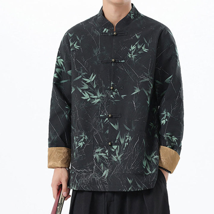 Buddha Stones Nadruk Bambus Casual Żaba-guzik Spandex Męska Kurtka Koszula Odzież - image 13