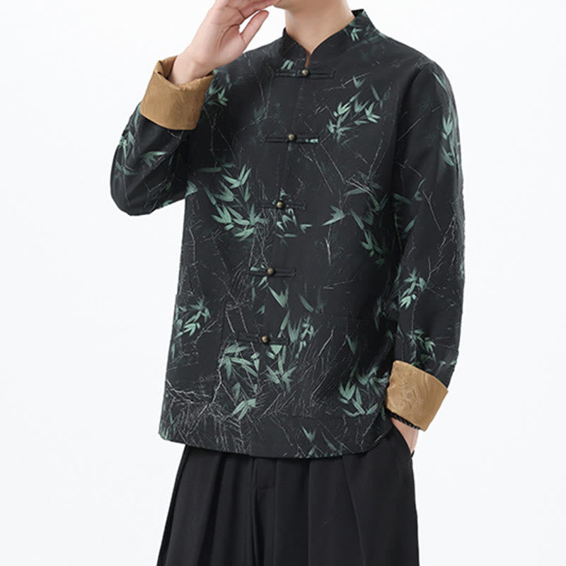 Buddha Stones Nadruk Bambus Casual Żaba-guzik Spandex Męska Kurtka Koszula Odzież - image 12