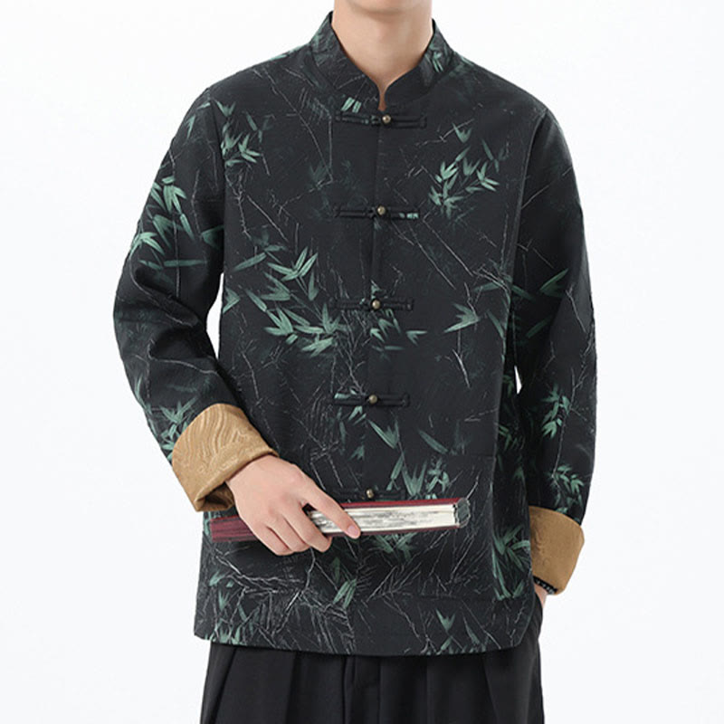 Buddha Stones Nadruk Bambus Casual Żaba-guzik Spandex Męska Kurtka Koszula Odzież - image 3