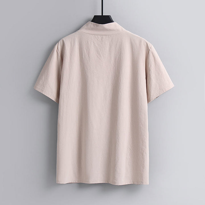 Koszulka Buddha Stones z luźnym T-shirtem w jednolitym kolorze z krótkim rękawem i kołnierzykiem w serek, z przewiewnego lnu - image 5