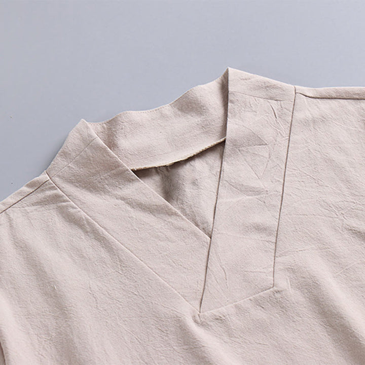 Koszulka Buddha Stones z luźnym T-shirtem w jednolitym kolorze z krótkim rękawem i kołnierzykiem w serek, z przewiewnego lnu - image 6