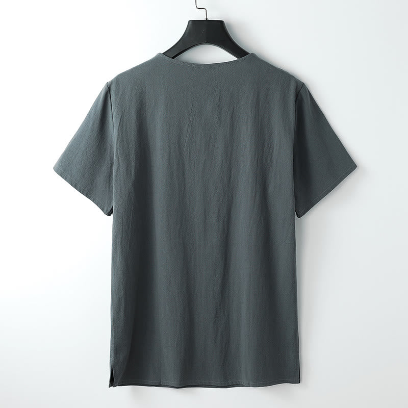 Koszulka męska Buddha Stones w jednolitym kolorze, krótki rękaw, trzy guziki, kołnierzyk w serek, miękka bawełniana koszula - image 1