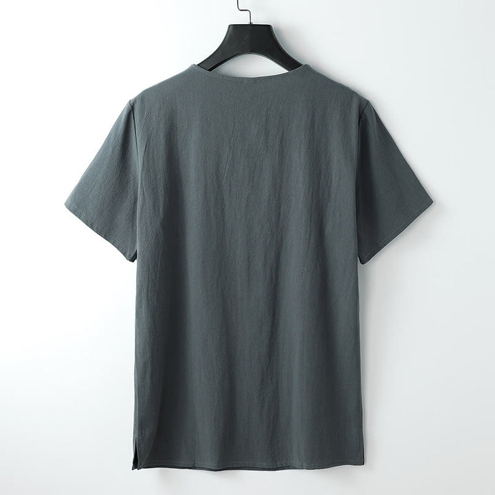 Koszulka męska Buddha Stones w jednolitym kolorze, krótki rękaw, trzy guziki, kołnierzyk w serek, miękka bawełniana koszula - image 1