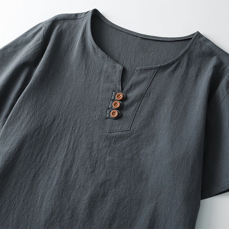 Koszulka męska Buddha Stones w jednolitym kolorze, krótki rękaw, trzy guziki, kołnierzyk w serek, miękka bawełniana koszula - image 2
