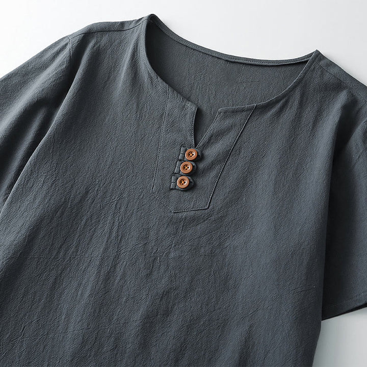 Koszulka męska Buddha Stones w jednolitym kolorze, krótki rękaw, trzy guziki, kołnierzyk w serek, miękka bawełniana koszula - image 2