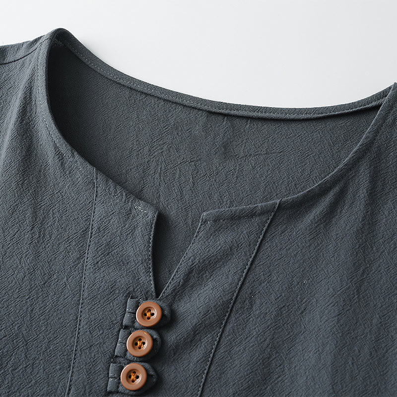 Koszulka męska Buddha Stones w jednolitym kolorze, krótki rękaw, trzy guziki, kołnierzyk w serek, miękka bawełniana koszula - image 3