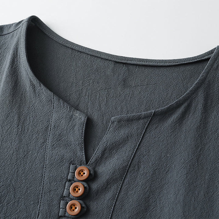 Koszulka męska Buddha Stones w jednolitym kolorze, krótki rękaw, trzy guziki, kołnierzyk w serek, miękka bawełniana koszula - image 3