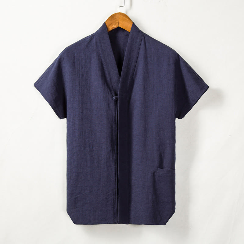 Koszula męska z krótkim rękawem i kieszenią, dekoltem w serek, z bawełny i lnu, wygodna, z motywem Buddha Stones - Marynarka wojenna - US/UK/AU44， EU54 (4XL) - image 6