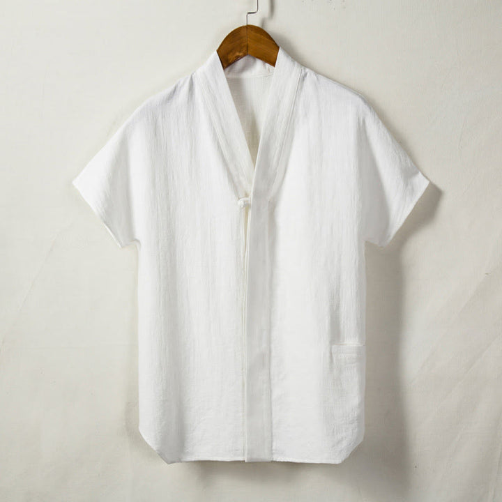 Koszula męska z krótkim rękawem Buddha Stones z kieszenią, dekoltem w serek, kardiganem, wygodna, bawełniana, lniana - Biały - US/UK/AU44， EU54 (4XL) - image 2