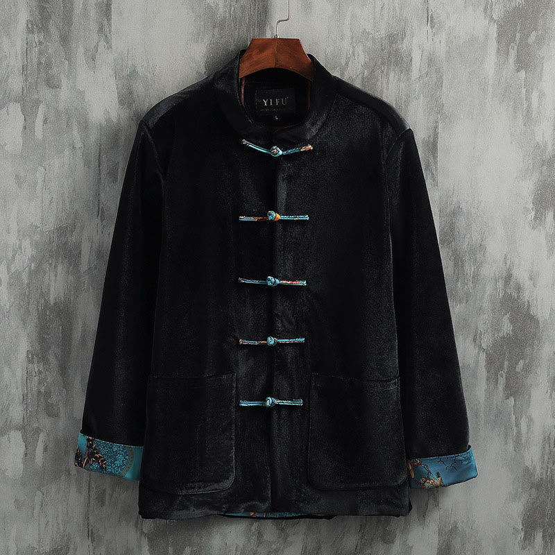 Buddha Stones Tang Suit Żaba-guzik Okrągły Dekolt Męska Kurtka Bawełniana Koszula Odzież - Niebieski przycisk - US/UK/AU42， EU52 (3XL) - image 6