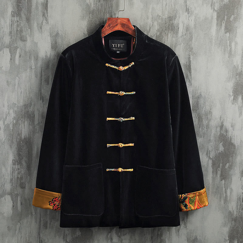 Buddha Stones Tang Suit Żaba-guzik Okrągły Dekolt Męska Kurtka Bawełniana Koszula Odzież - Żółty przycisk - US/UK/AU42， EU52 (3XL) - image 0