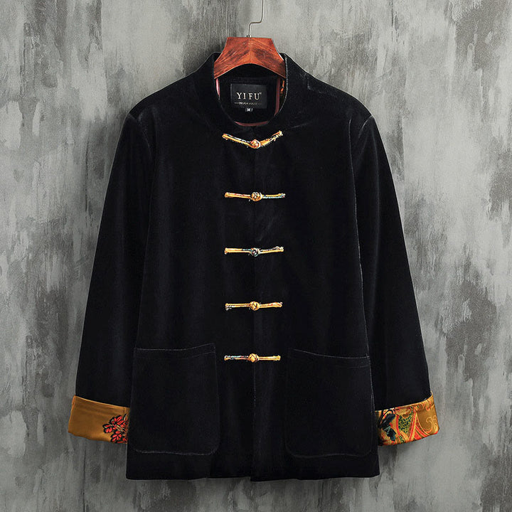 Buddha Stones Tang Suit Żaba-guzik Okrągły Dekolt Męska Kurtka Bawełniana Koszula Odzież - Żółty przycisk - US/UK/AU42， EU52 (3XL) - image 0