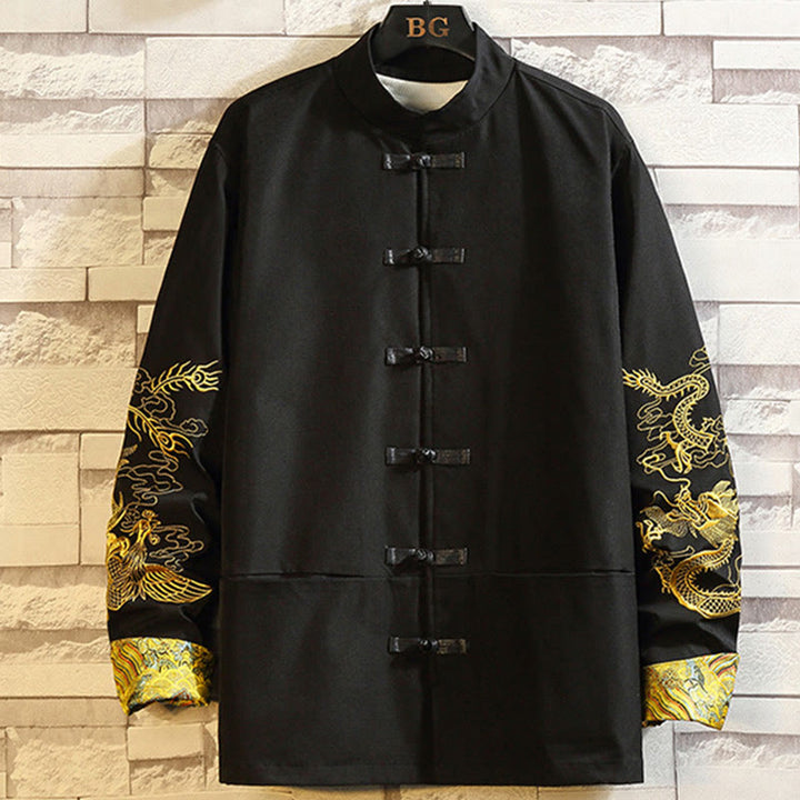 Buddha Stones Haft Smok Feniks Casual Żaba-guzik Bawełna Męska Kurtka Koszula Odzież - Czarny - US/UK/AU46， EU56 (5XL) - image 0