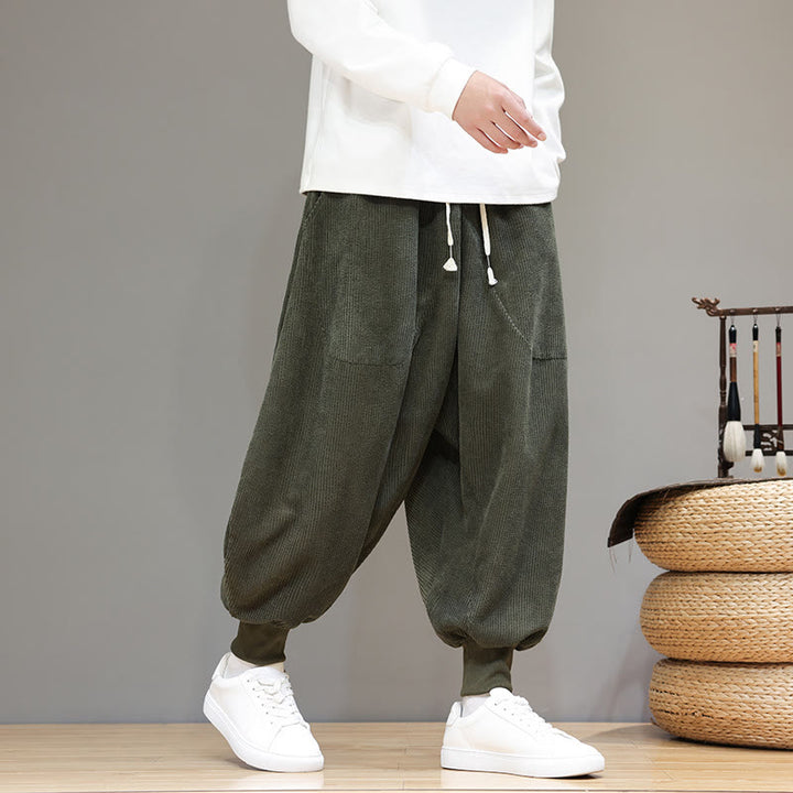 Spodnie haremowe męskie z kieszeniami Buddha Stones Casual Plain Cotton - DarkOliveGreen - US/UK/AU46， EU56 (5XL) - image 17
