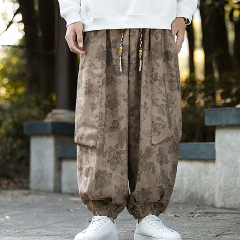 Spodnie męskie Buddha Stones Casual Flower Corduroy Cotton z dużymi kieszeniami - image 9