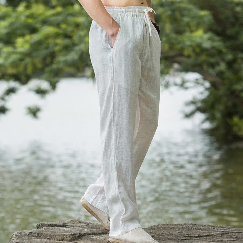 Buddha Stones Spodnie męskie z szerokimi nogawkami i kieszeniami, jednokolorowe, bawełniane i lniane - image 16