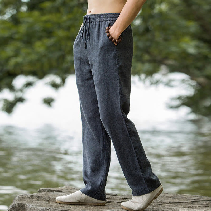 Buddha Stones Spodnie męskie z szerokimi nogawkami i kieszeniami, jednokolorowe, bawełniane i lniane - image 12