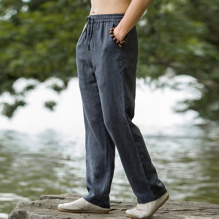 Buddha Stones Spodnie męskie z szerokimi nogawkami i kieszeniami, jednokolorowe, bawełniane i lniane - image 13