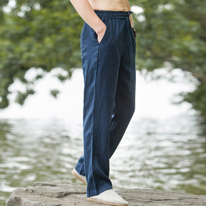 Buddha Stones Spodnie męskie z szerokimi nogawkami i kieszeniami, jednokolorowe, bawełniane i lniane - image 6
