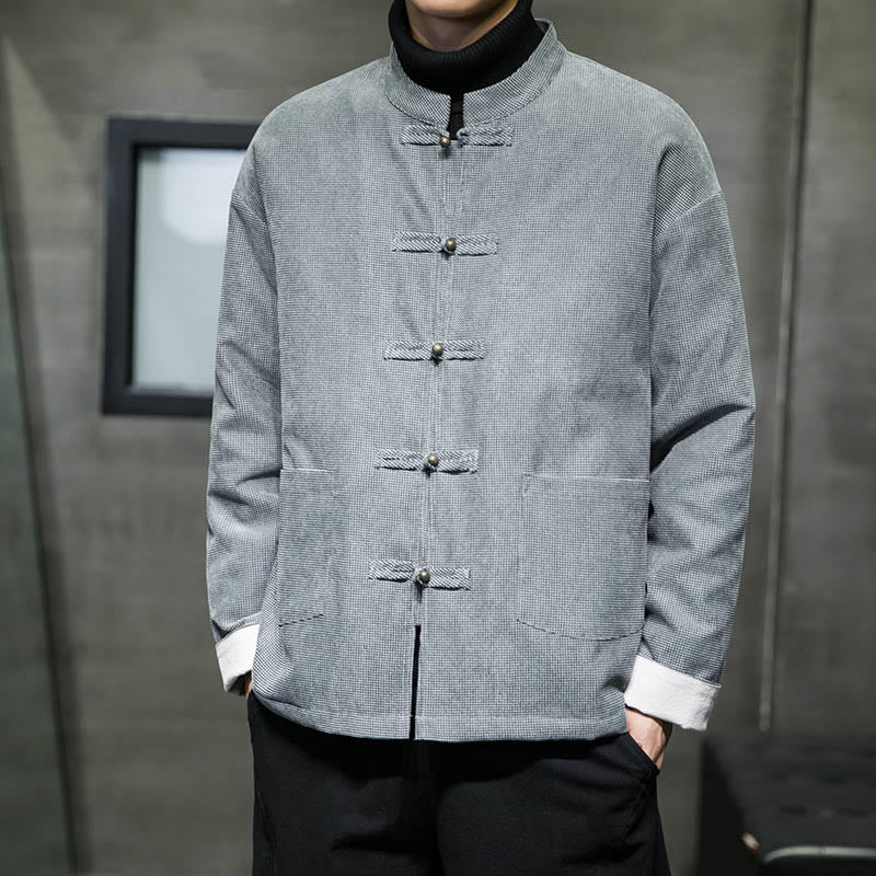 Buddha Stones Jednokolorowa męska kurtka z guzikami w kształcie żaby - image 18