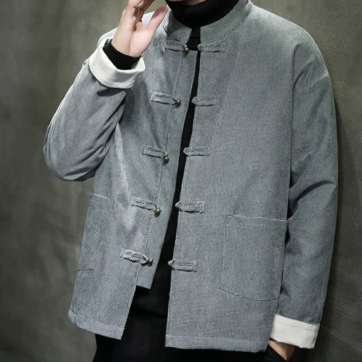 Buddha Stones Jednokolorowa męska kurtka z guzikami w kształcie żaby - image 21