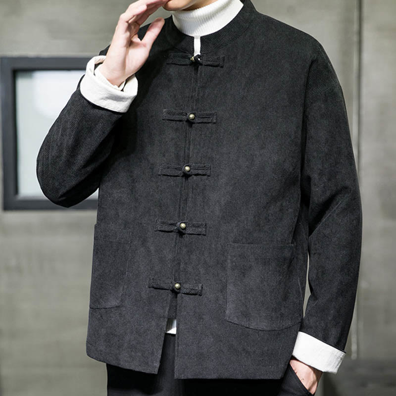 Buddha Stones Jednokolorowa męska kurtka z guzikami w kształcie żaby - image 3